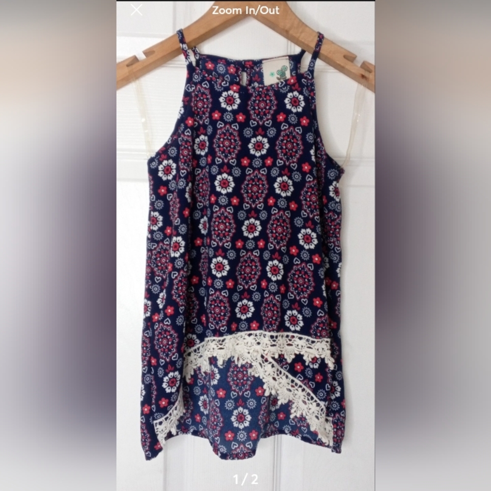 Lily Bleu Navy and Red Floral Tank with Lace Trim